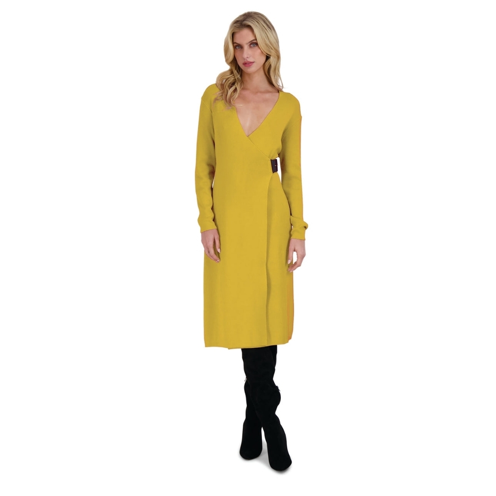 NWT - Donna Rico Yellow Cross Over Faux Wrap Midi Sweater Dress - Size XL